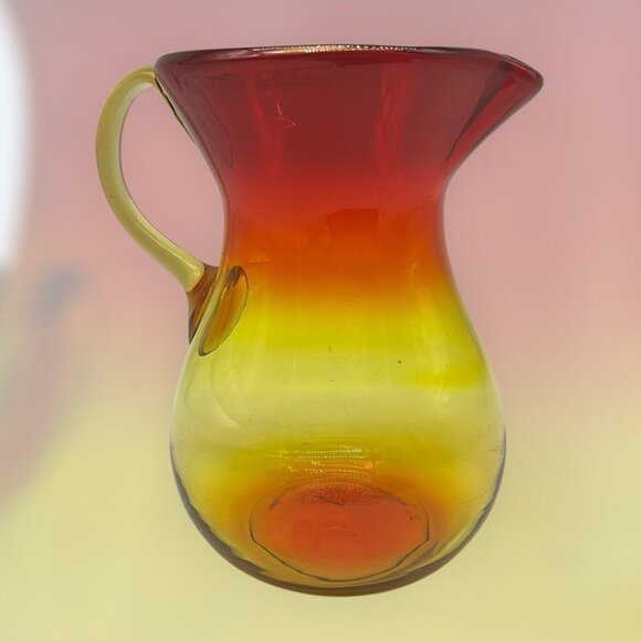 Amberina Hand Blown Art Glass 7 Inch Pitcher with Applied Handle Serve Ware - Picture 4 of 16